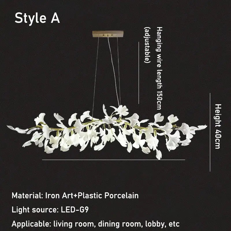 Luxe ginkgo leaves white & gold pendant light living room