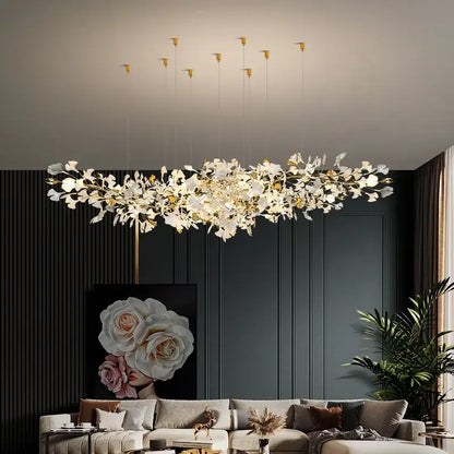 Luxe ginkgo leaves white & gold pendant light living room