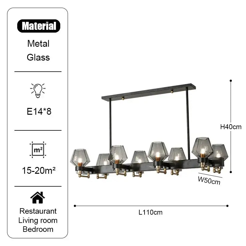 Modern retro black & brass luxe glass chandelier living room light