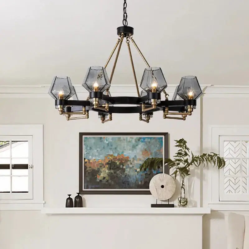Modern retro black & brass luxe glass chandelier living room light