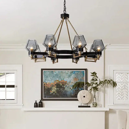Modern retro black & brass luxe glass chandelier living room light