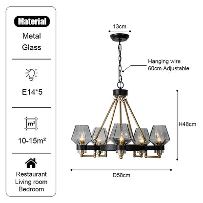 Modern retro black & brass luxe glass chandelier living room light