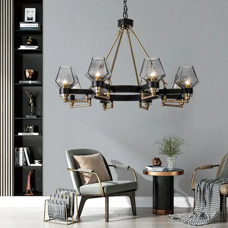Modern retro black & brass luxe glass chandelier living room light