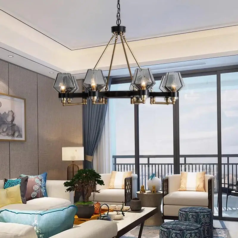 Modern retro black & brass luxe glass chandelier living room light
