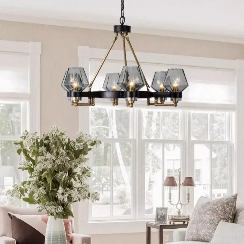Modern retro black & brass luxe glass chandelier living room light