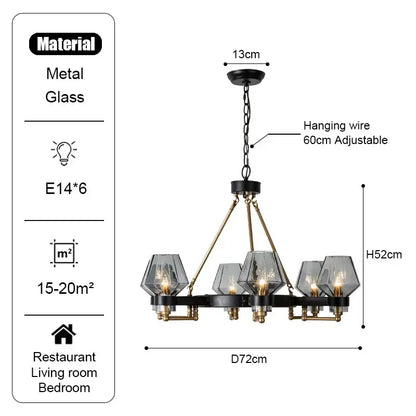 Modern retro black & brass luxe glass chandelier living room light