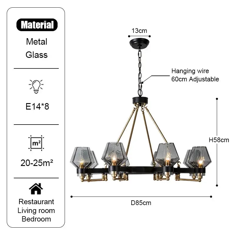 Modern retro black & brass luxe glass chandelier living room light
