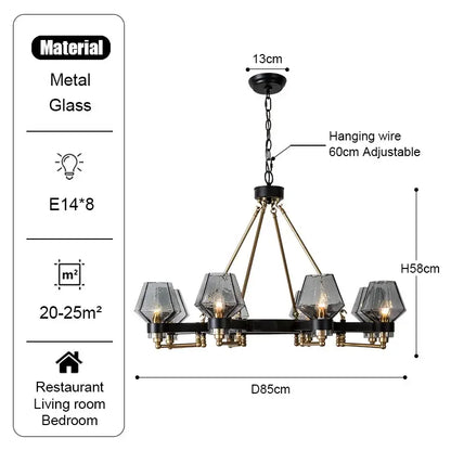 Modern retro black & brass luxe glass chandelier living room light