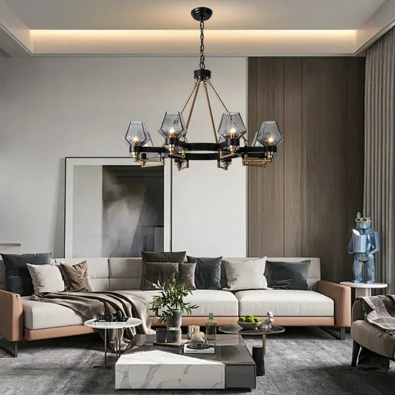 Modern retro black & brass luxe glass chandelier living room light