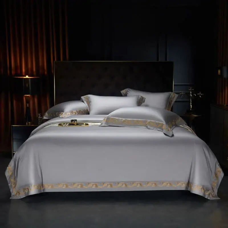 Luxe gold embroidery cream satin bedding set bedroom 1400tc egyptian cotton
