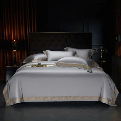 Luxe gold embroidery cream satin bedding set bedroom 1400tc egyptian cotton