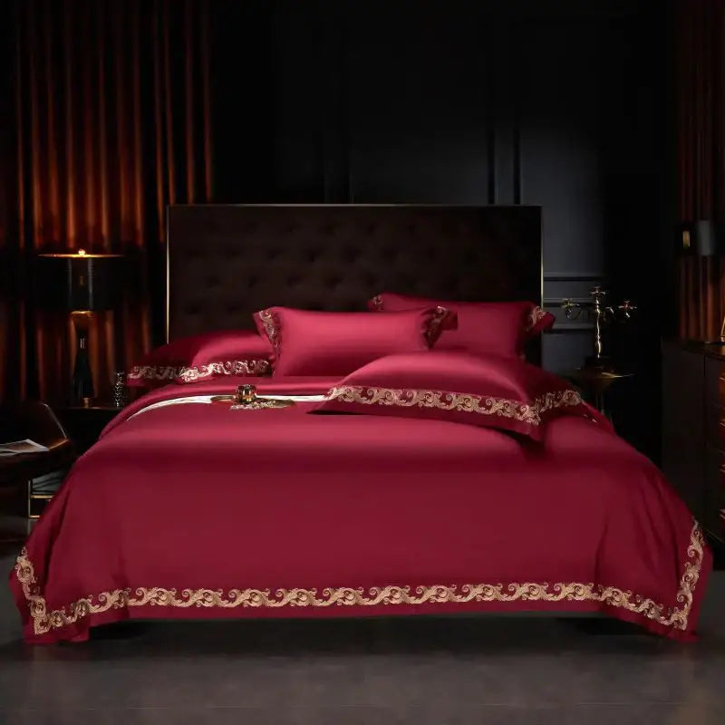 Luxe gold embroidery cream satin bedding set bedroom 1400tc egyptian cotton