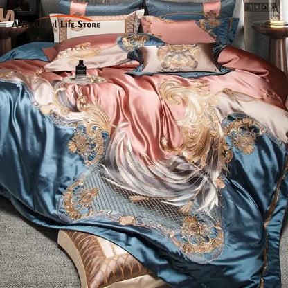 Baroque teal & rose gold luxe gold embroidery bedding set bedroom