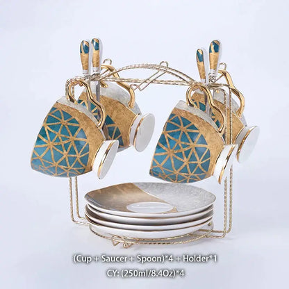 Luxe gold inlay teal bone china coffee set dining room porcelain tea set