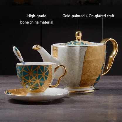 Luxe gold inlay teal bone china coffee set dining room porcelain tea set
