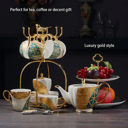 Luxe gold inlay teal bone china coffee set dining room porcelain tea set