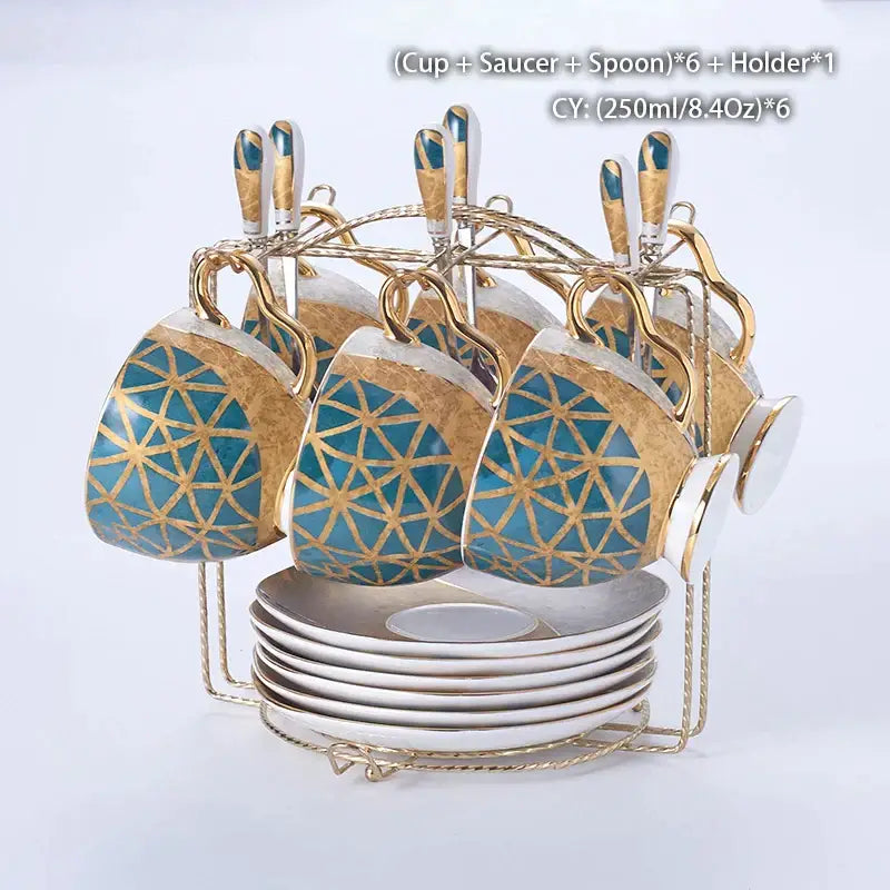 Luxe gold inlay teal bone china coffee set dining room porcelain tea set