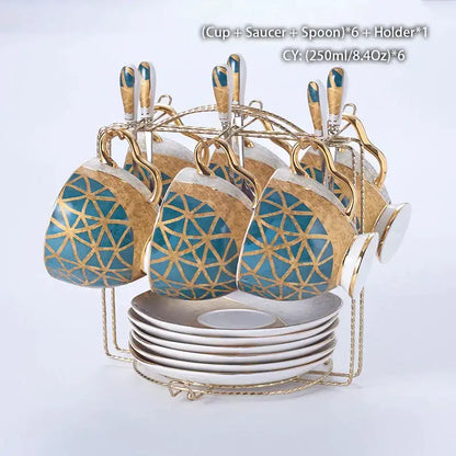Luxe gold inlay teal bone china coffee set dining room porcelain tea set