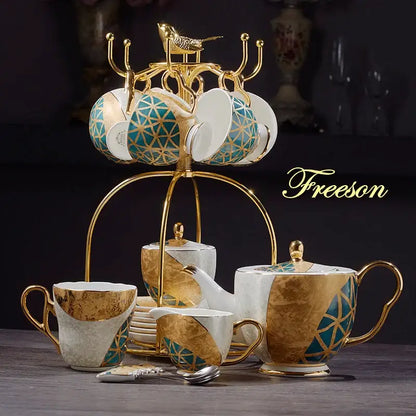 Luxe gold inlay teal bone china coffee set dining room porcelain tea set