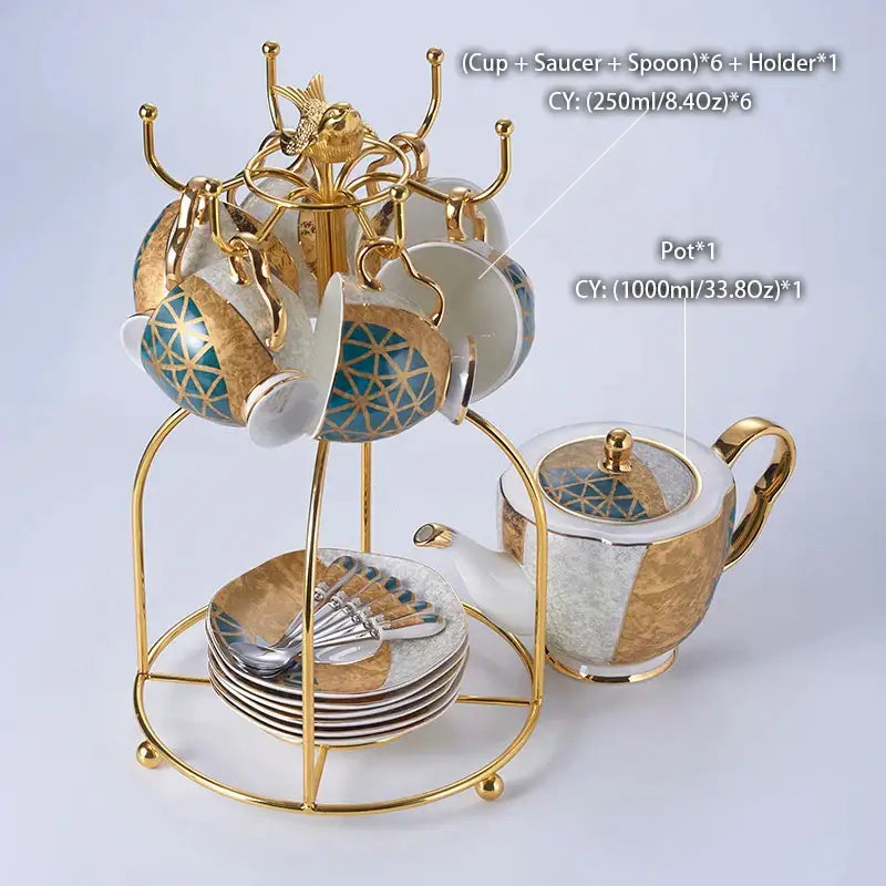 Luxe gold inlay teal bone china coffee set dining room porcelain tea set