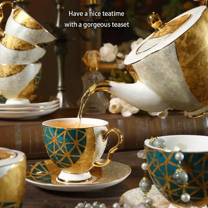 Luxe gold inlay teal bone china coffee set dining room porcelain tea set