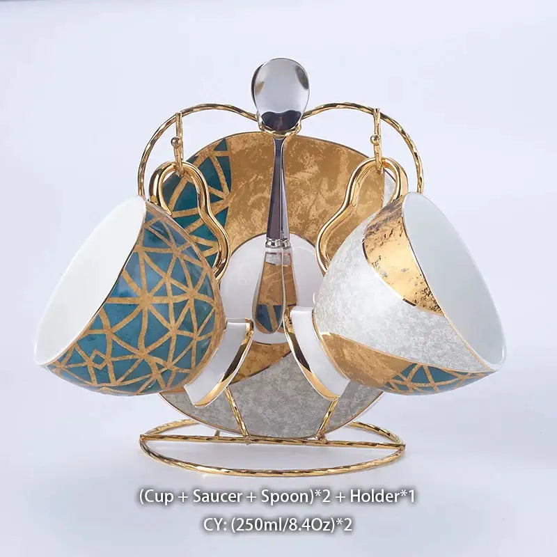 Luxe gold inlay teal bone china coffee set dining room porcelain tea set