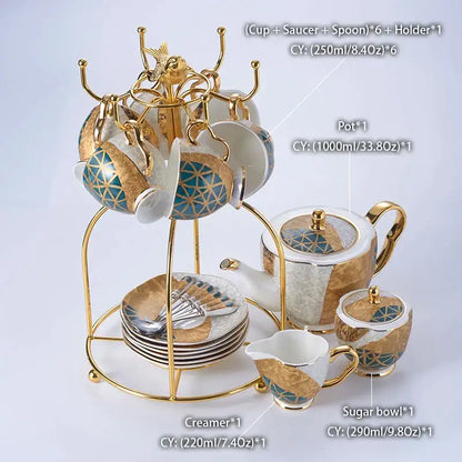 Luxe gold inlay teal bone china coffee set dining room porcelain tea set