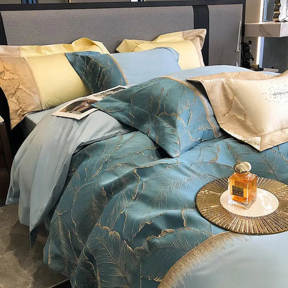 Luxe teal & gold satin jacquard 1000tc egyptian cotton bedding set bedroom