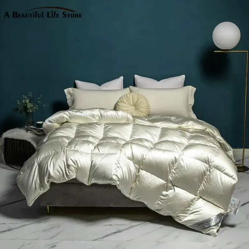 Luxe goose duck cream satin quilt bedroom embroidered bedding