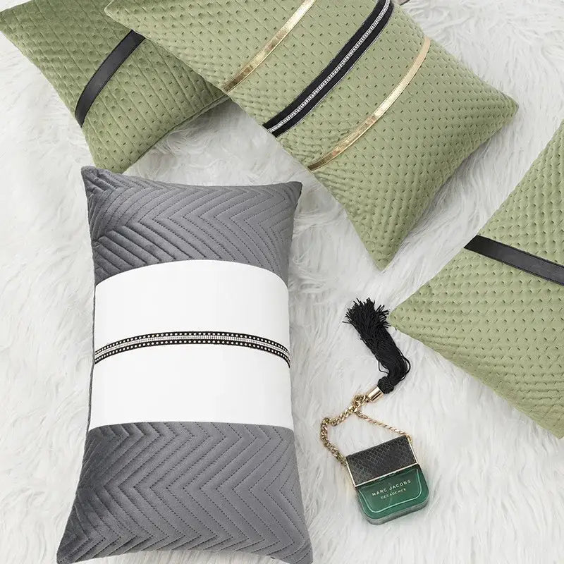 Luxe gray & white chevron beaded velvet cushion cover living room