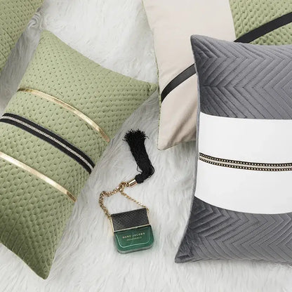 Luxe gray & white chevron beaded velvet cushion cover living room
