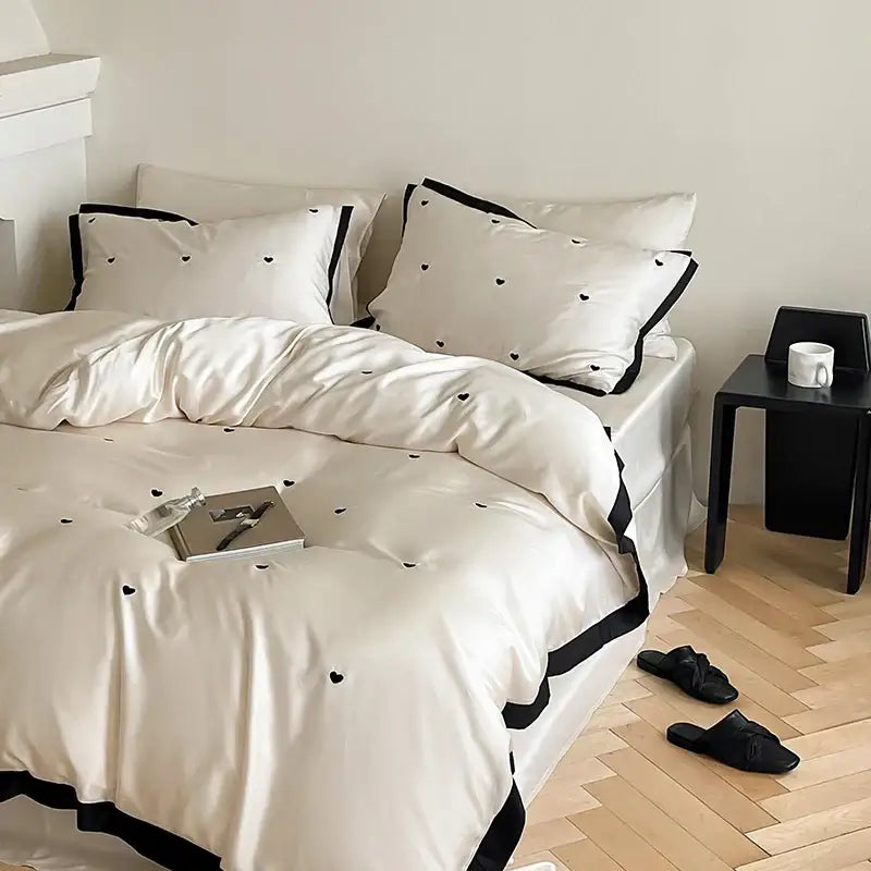 Luxe cream & black embroidered bedding set bedroom duvet cover