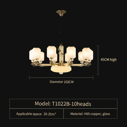 Luxe jade brass chandelier with frosted glass for living room