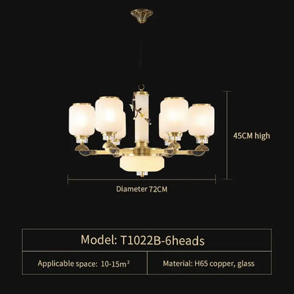 Luxe jade brass chandelier with frosted glass for living room
