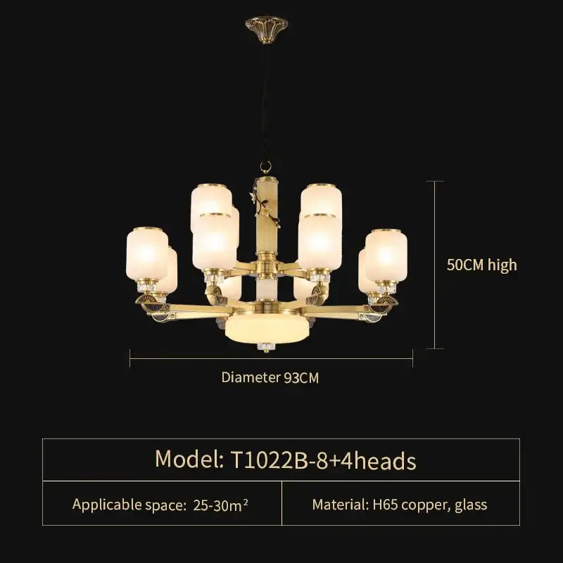 Luxe jade brass chandelier with frosted glass for living room