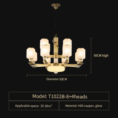 Luxe jade brass chandelier with frosted glass for living room