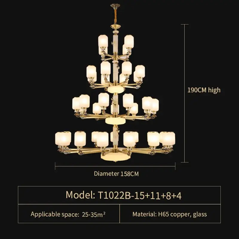 Luxe jade brass chandelier with frosted glass for living room