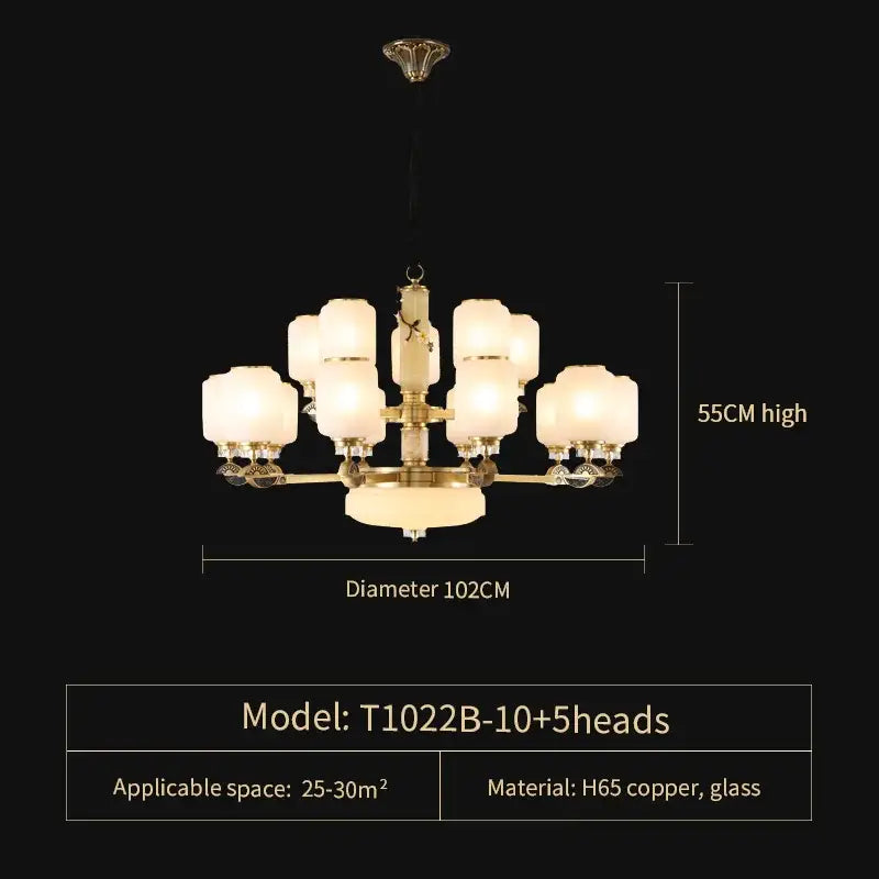 Luxe jade brass chandelier with frosted glass for living room