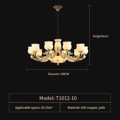 Luxe jade copper gold chandelier with frosted shades living room