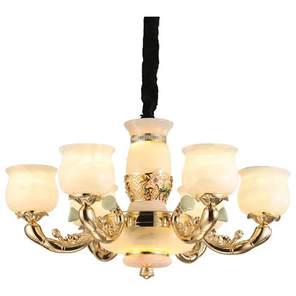 Luxe jade copper gold chandelier with frosted shades living room