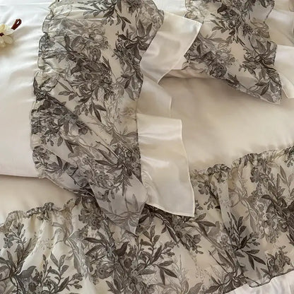 Luxe gray botanical lace ruffles wedding bedding set bedroom