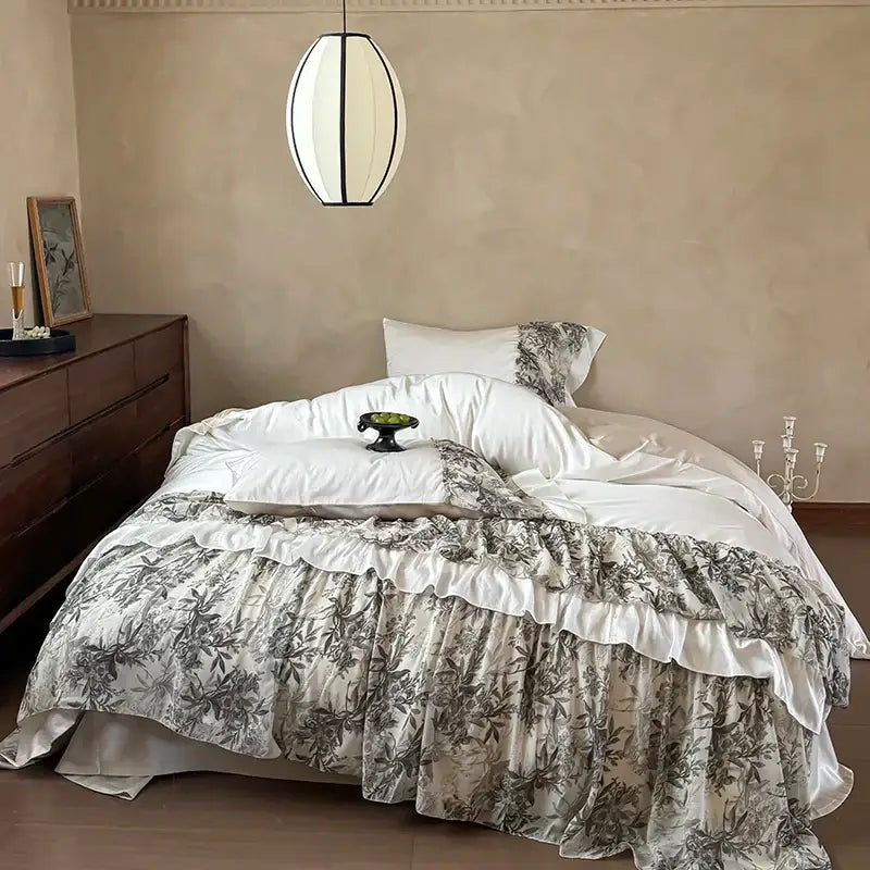 Luxe gray botanical lace ruffles wedding bedding set bedroom