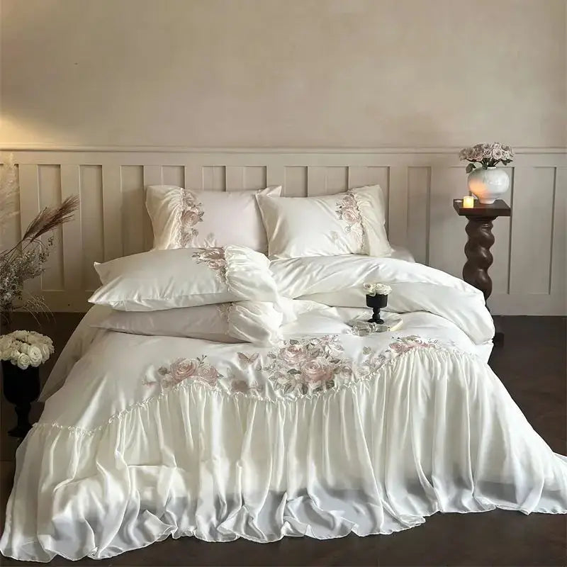 Luxe lace ruffles white & pink floral bedding set bedroom duvet