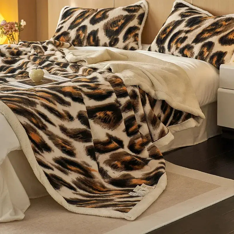 Luxe leopard rabbit fur blanket – living room plush throw