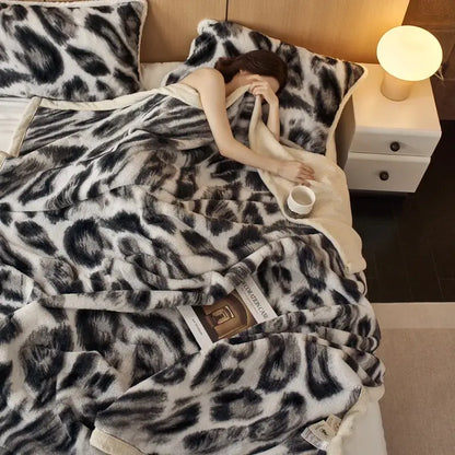 Luxe leopard rabbit fur blanket – living room plush throw