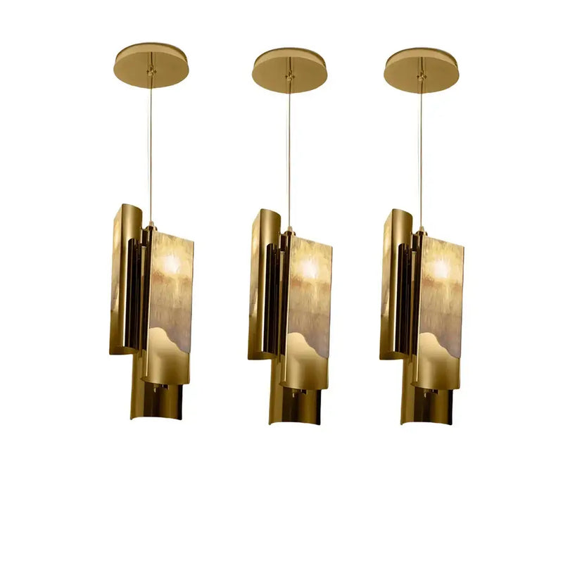 Modern brass and textured glass marble pendant light kitchen trio