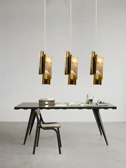 Modern brass and textured glass marble pendant light kitchen trio