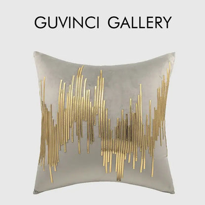 Gray and gold luxe metallic stripes velvet cushion cover living room