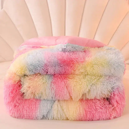 Luxe mink fleece pastel rainbow gradient quilt bedroom blanket