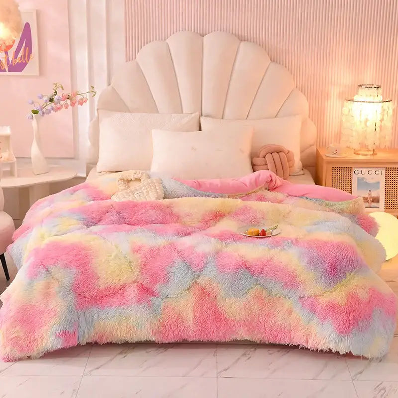 Luxe mink fleece pastel rainbow gradient quilt bedroom blanket